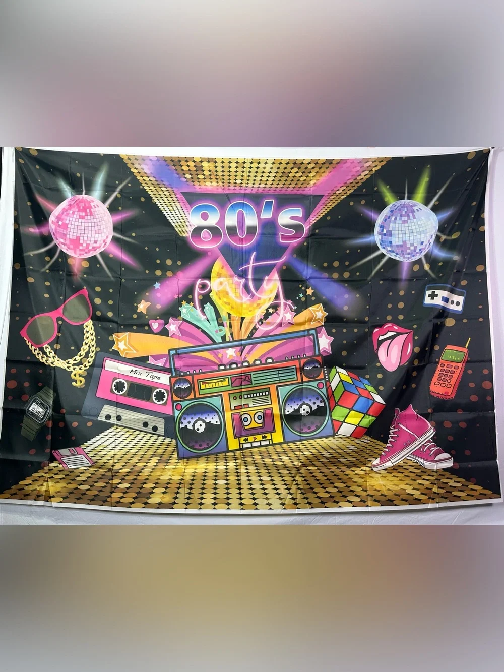 Large 80’s Theme Party Backdrop Banner 7x5Ft.